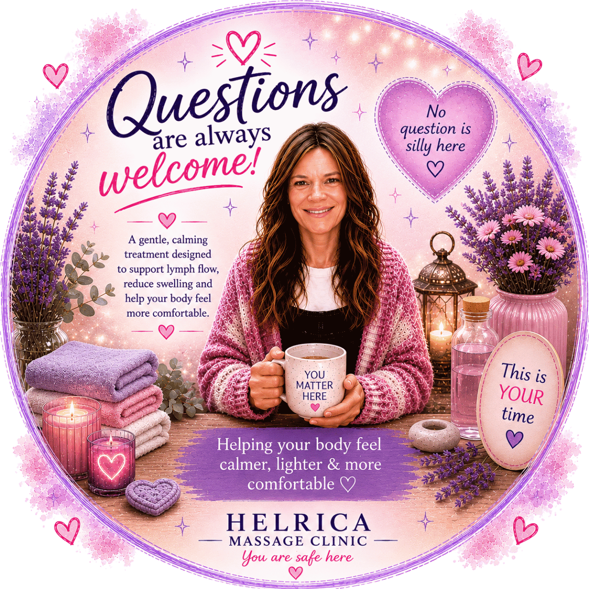 Friendly MLD massage support from Helrica Massage Clinic with personalised advice and treatment guidance.