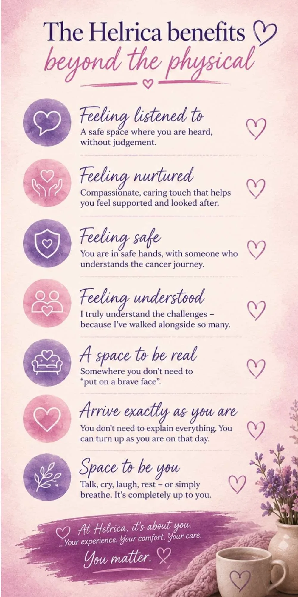 The emotional benefits of oncology massage including feeling listened to, supported, understood and cared for at Helrica Massage Clinic.