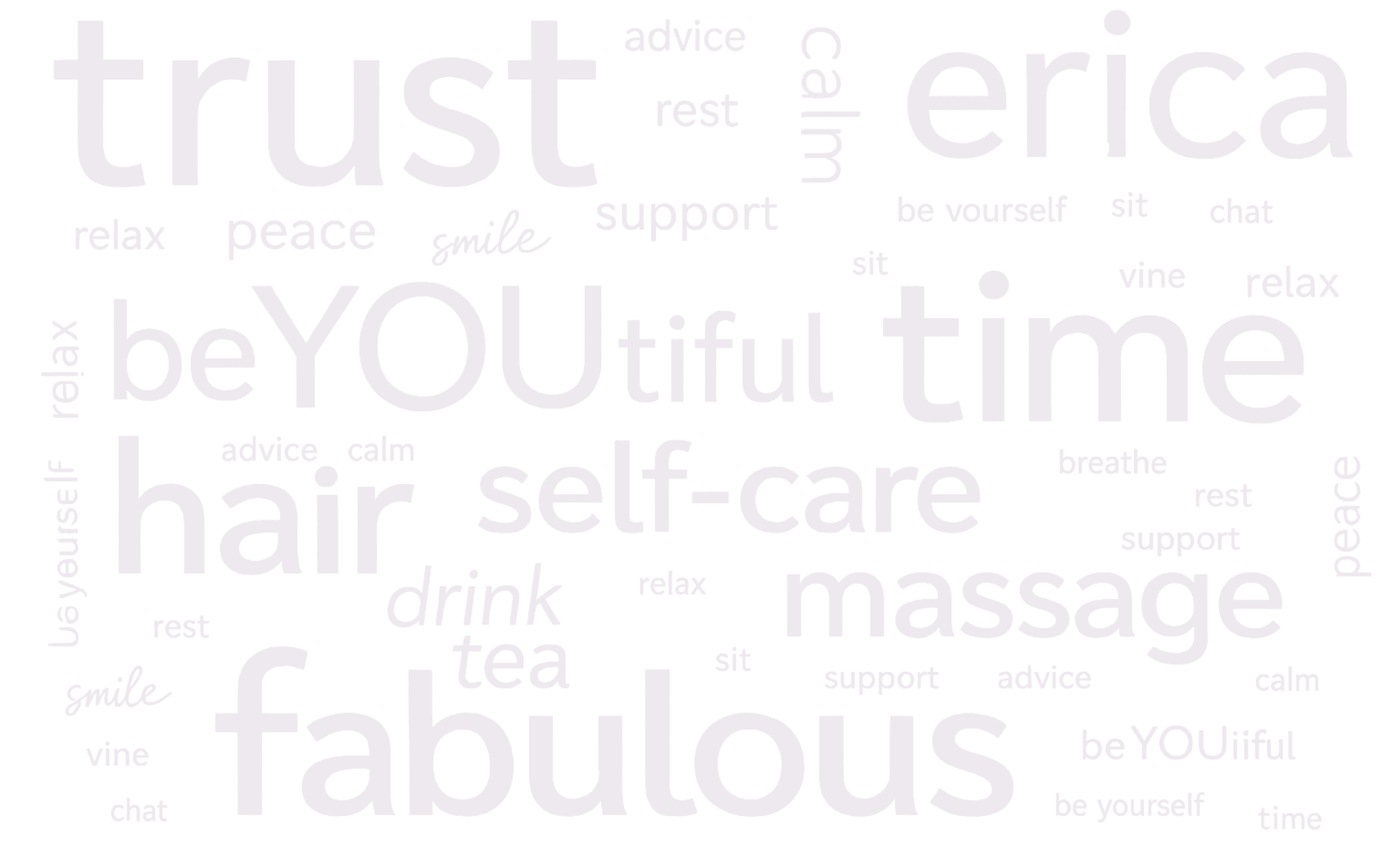 Purple wellness word cloud featuring words like ‘self-care’, ‘massage’, ‘trust’, ‘beYOUtiful’, and ‘fabulous’ representing comfort, relaxation, and confidence