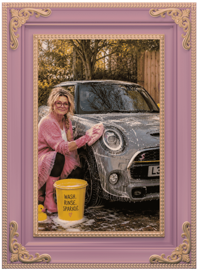 Helena washing her Mini Cooper, reflecting personality, pride and finding joy in everyday moments.
