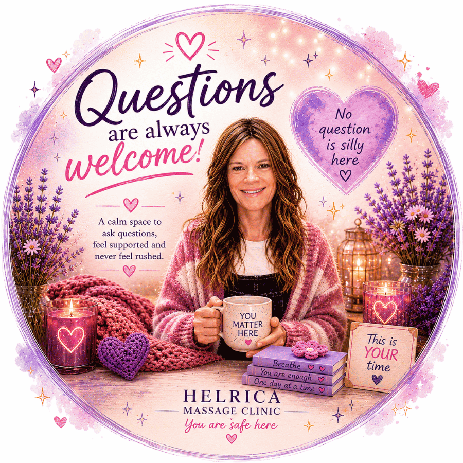 Support at Helrica Massage Clinic where questions are always welcome and treatments are adapted around individual needs.