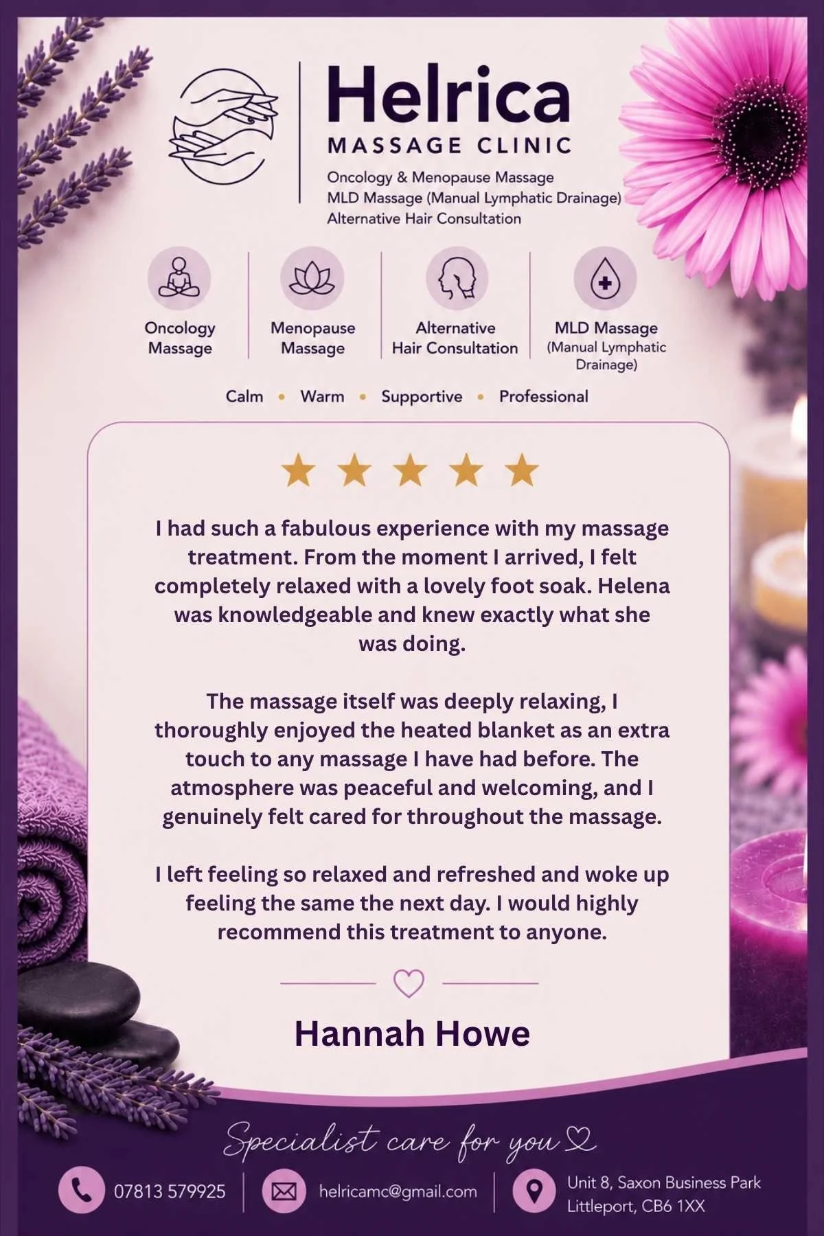 Client review describing a relaxing and Supportive massage experience at Helrica Massage Clinic in Littleport, Cambridgeshire.