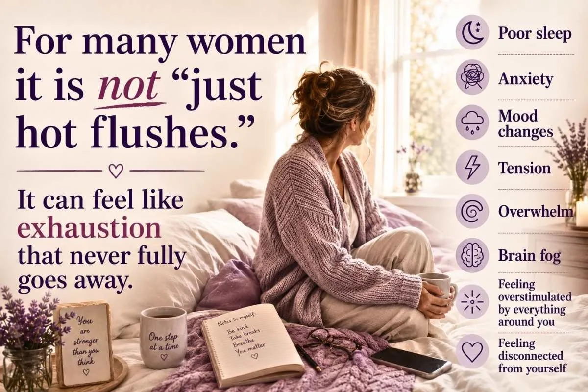 Woman sitting on a bed illustrating menopause symptoms including poor sleep, anxiety, brain fog, overwhelm and exhaustion.