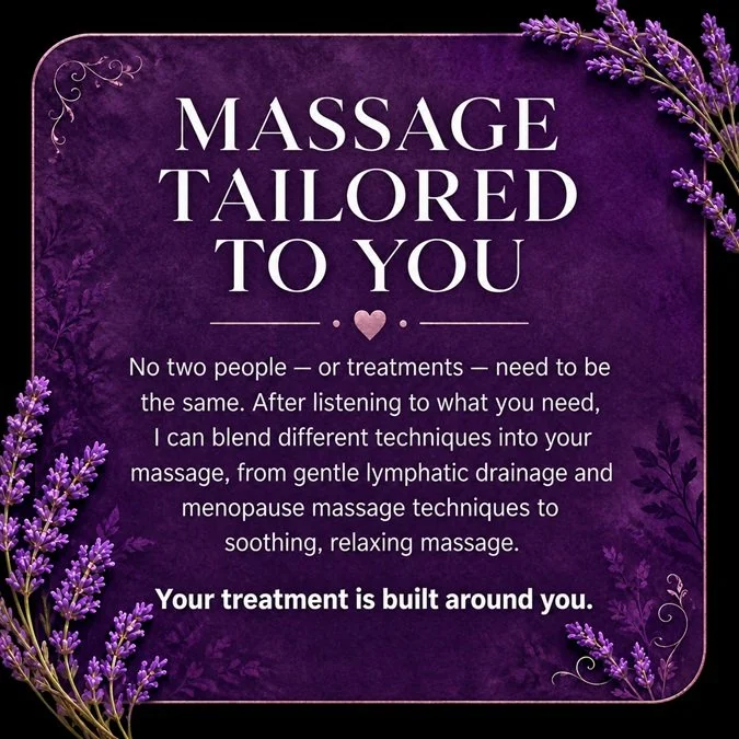 Tailored massage at Helrica Massage Clinic in Littleport, combining lymphatic drainage, menopause massage and relaxing massage techniques.