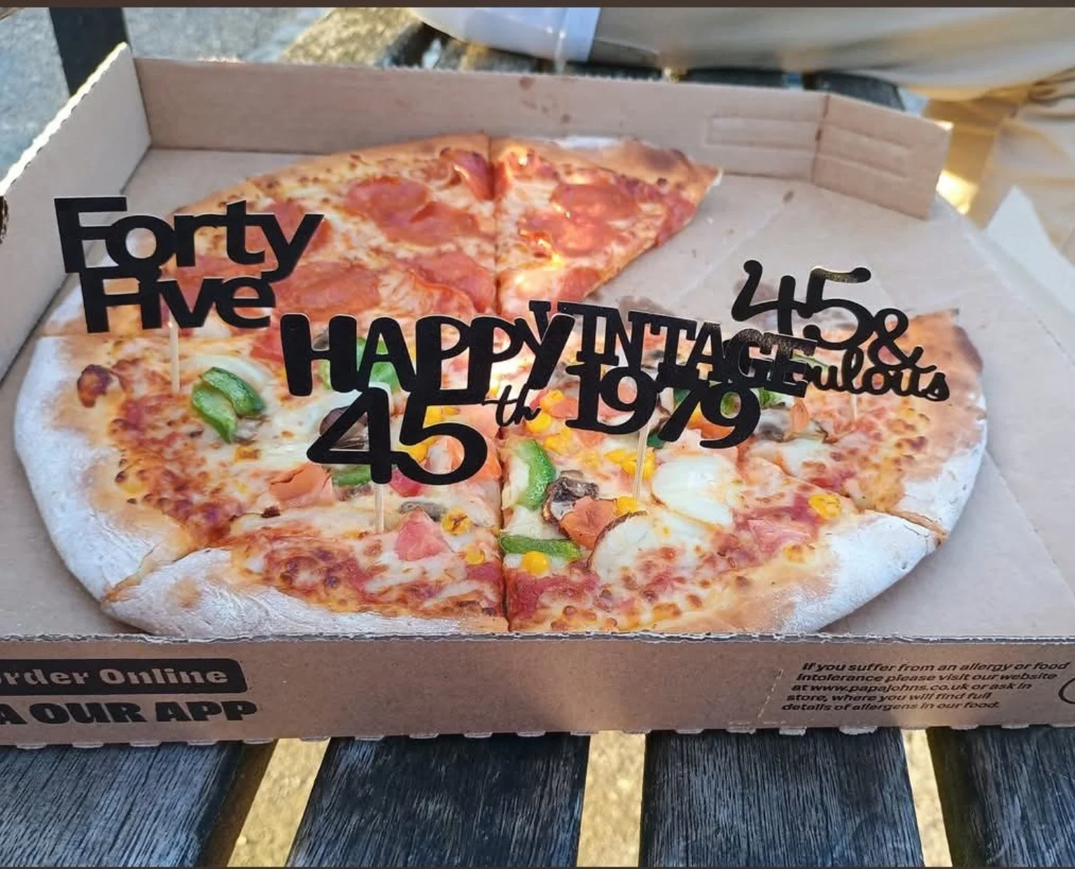 A half-and-half pizza from one of Helena and Harry’s evenings together in Ely