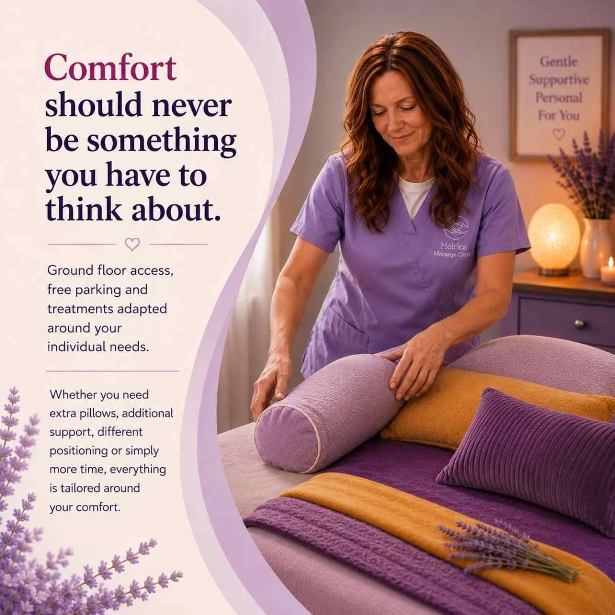 Helena preparing pillows and supports in a comfortable treatment room at Helrica Massage Clinic, adapted around individual client needs in Littleport, Cambridgeshire.