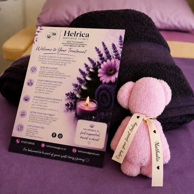 Helrica facial aftercare information with a teddy and relaxation touches at Helrica Massage Clinic in Littleport.