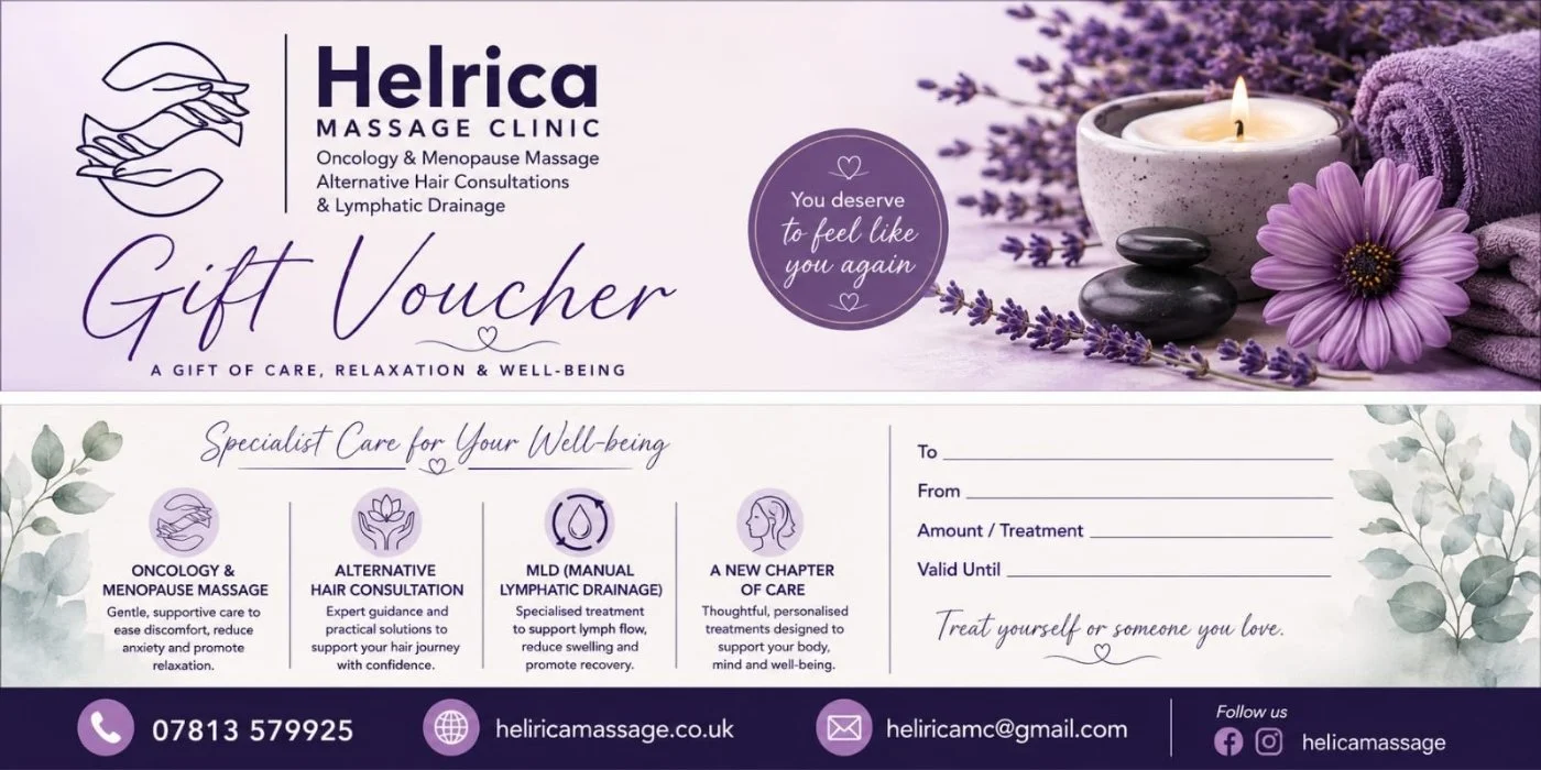 Helrica Massage Clinic gift voucher for oncology massage, menopause massage, manual lymphatic drainage and alternative hair consultations in Littleport, Cambridgeshire