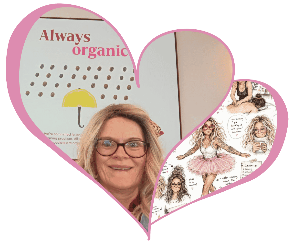 Helena, Helrica Massage Clinic smiling in front of a poster that says 'Always organic' and features a yellow umbrella illustration, with a sketch of a Helena in a pink tutu with tattoos and glasses, and other sketches of her.