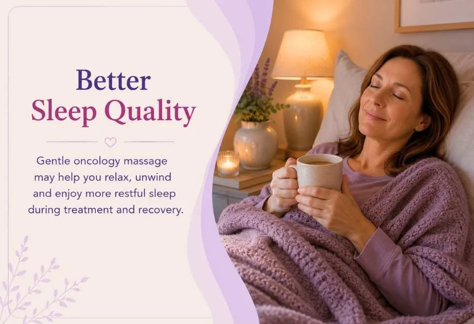 Oncology massage may help improve relaxation and sleep quality during cancer treatment and recovery.