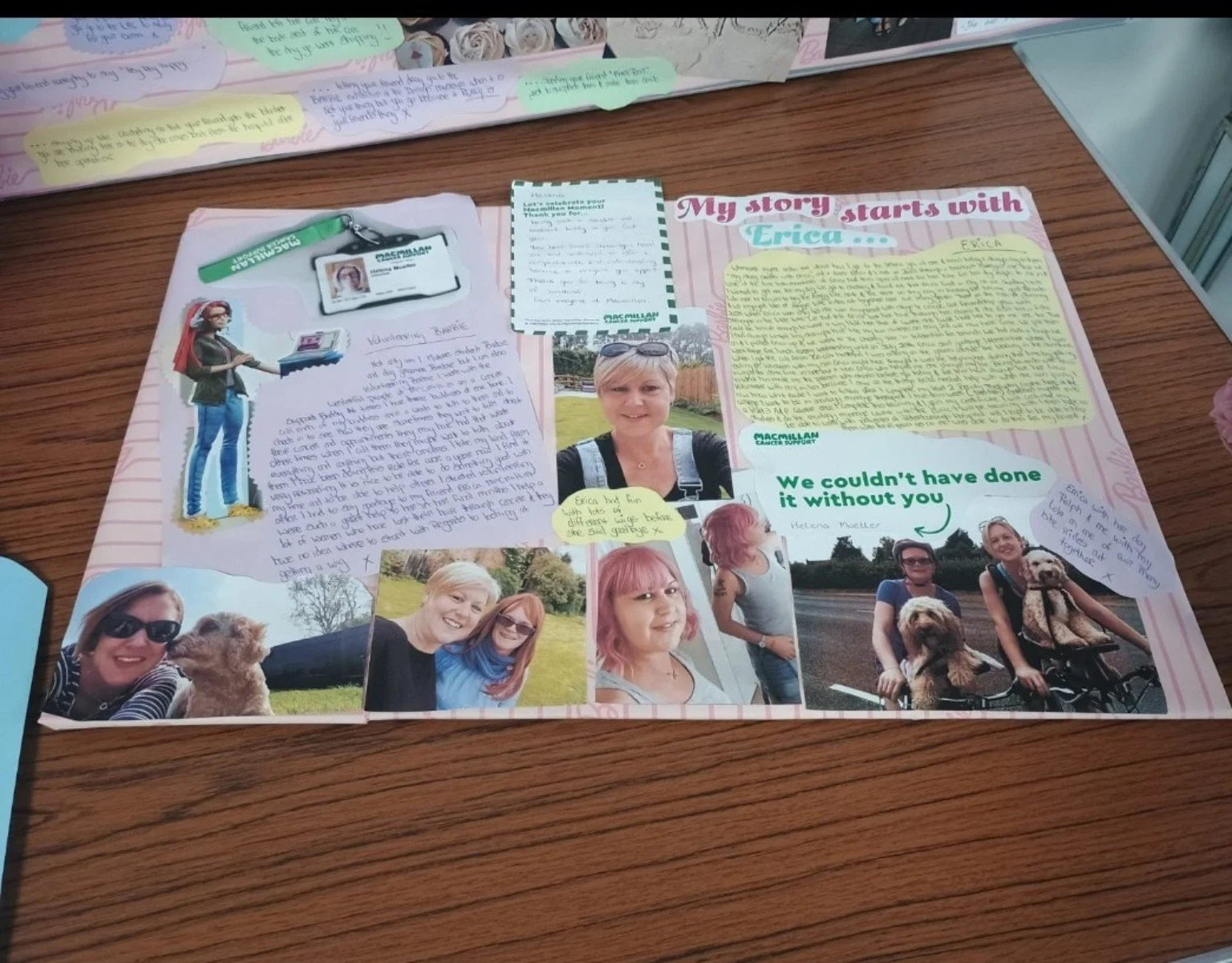 A page from Helena Mueller’s Barbie college project about Erica, friendship and Macmillan Cancer Support.