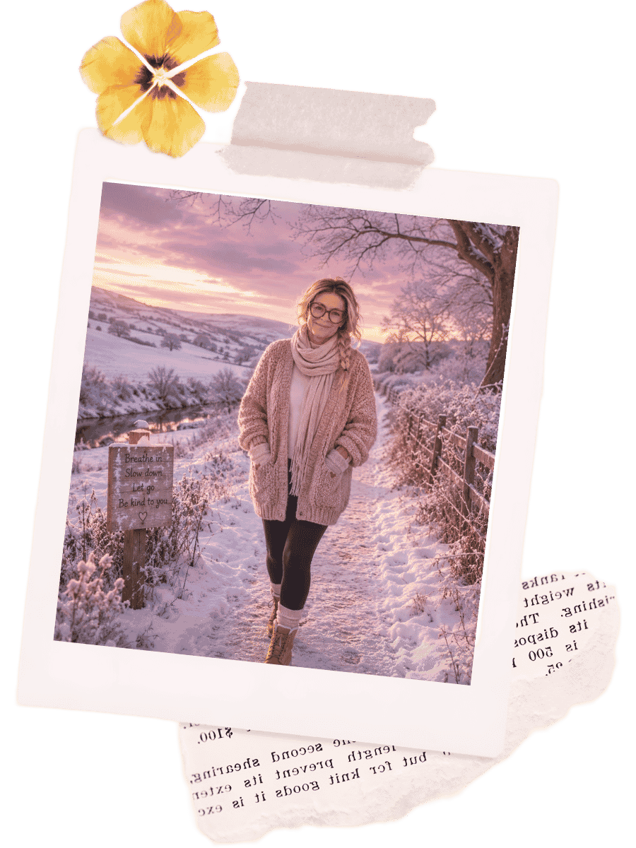 Helena walking on a snow-covered path during sunset, wearing glasses, a pink cardigan, and a scarf, with a sign that reads 'Breathe in, slow down, let go, be kind to you' nearby.