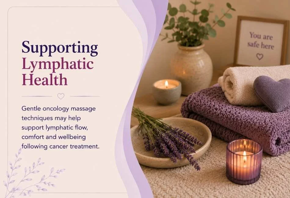 Gentle oncology massage supporting comfort, wellbeing and lymphatic health following cancer treatment.