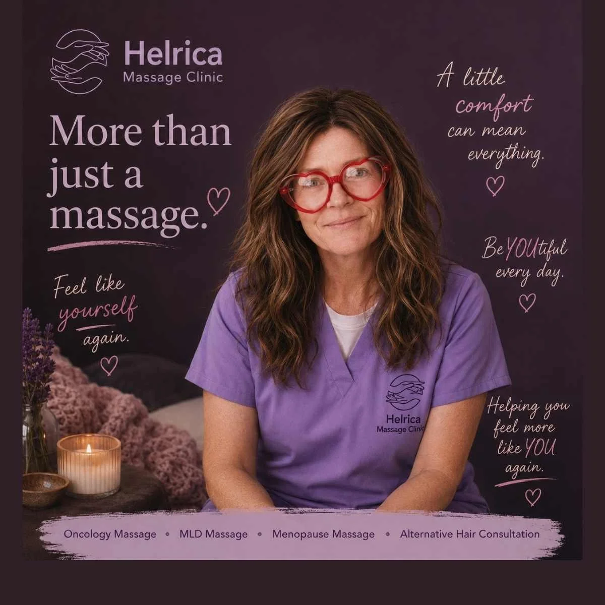 Helena from Helrica Massage Clinic offering oncology massage, menopause massage, lymphatic drainage massage and alternative hair consultations in Cambridgeshire.
