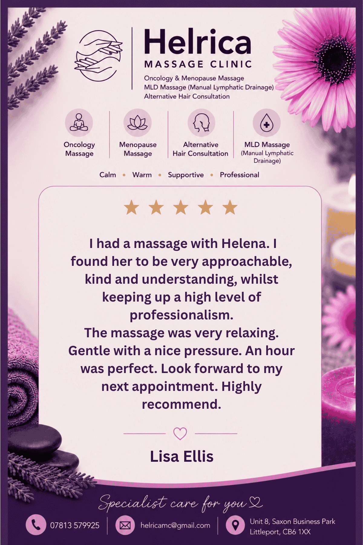 Five-star client review for relaxation massage at Helrica Massage Clinic in Littleport, Cambridgeshire.