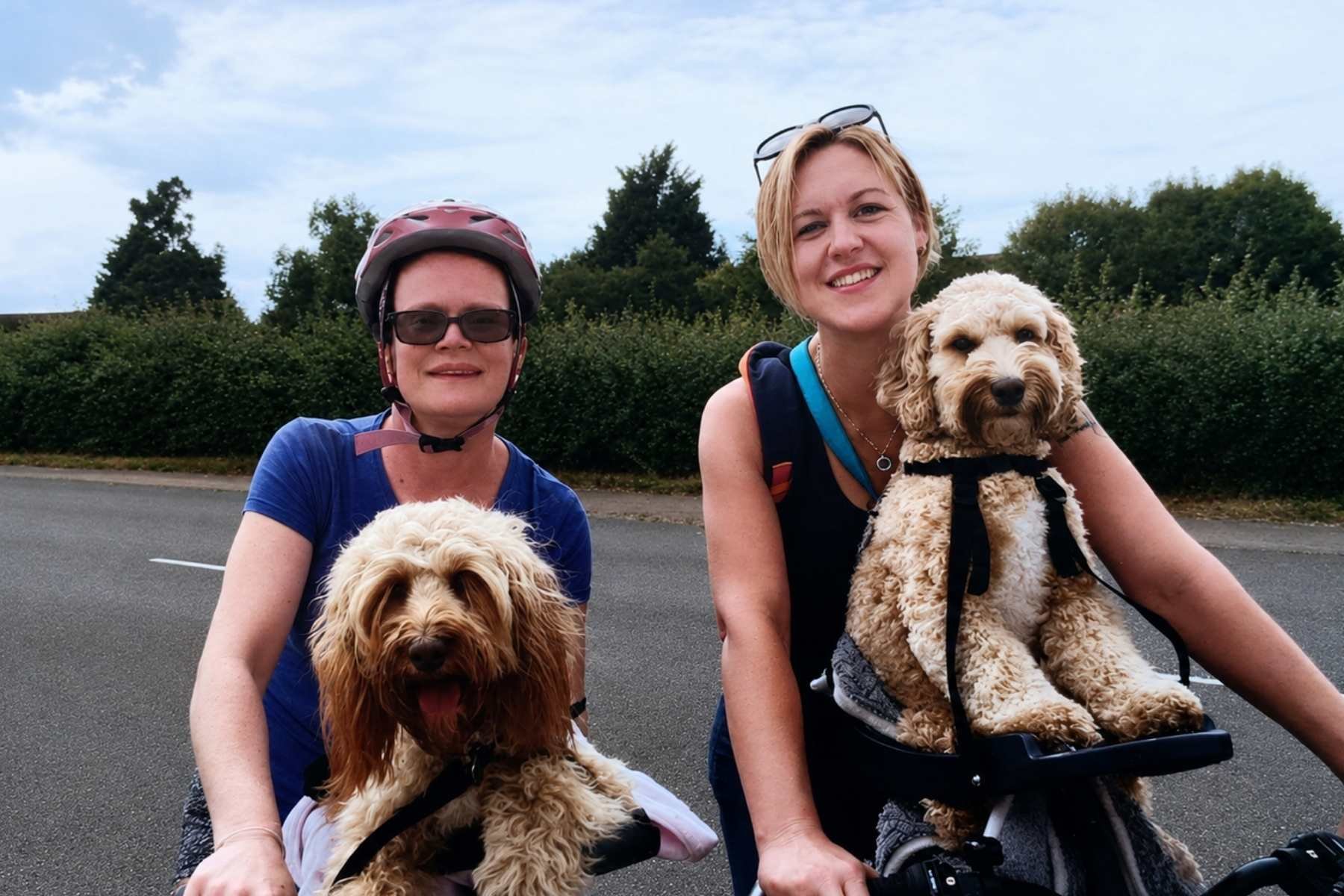 Helena and Erica cycling with their dogs alongside the Helrica name origin graphic explaining that Helrica combines Helena and Erica.