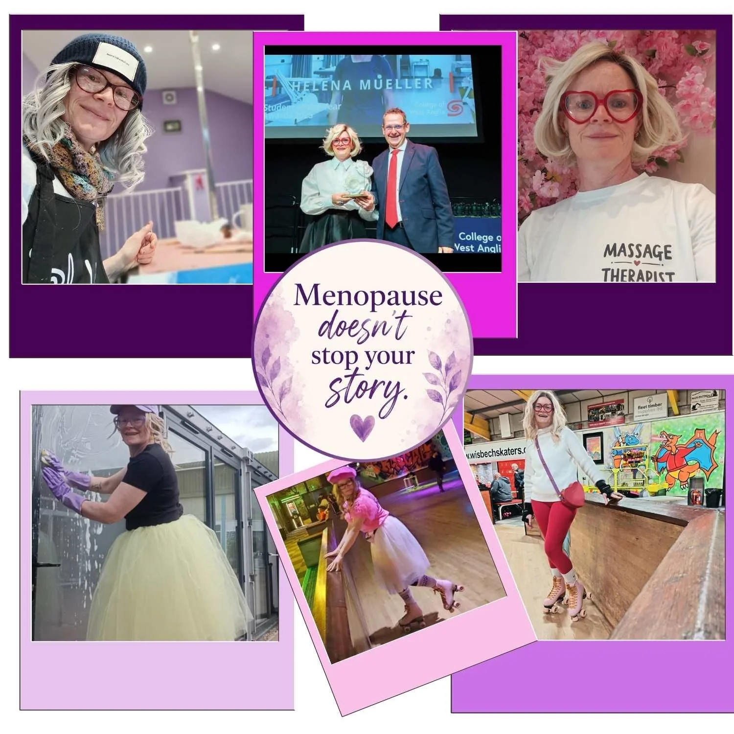 Photo collage of Helena showing confidence, identity and continuing to thrive through menopause and life changes.