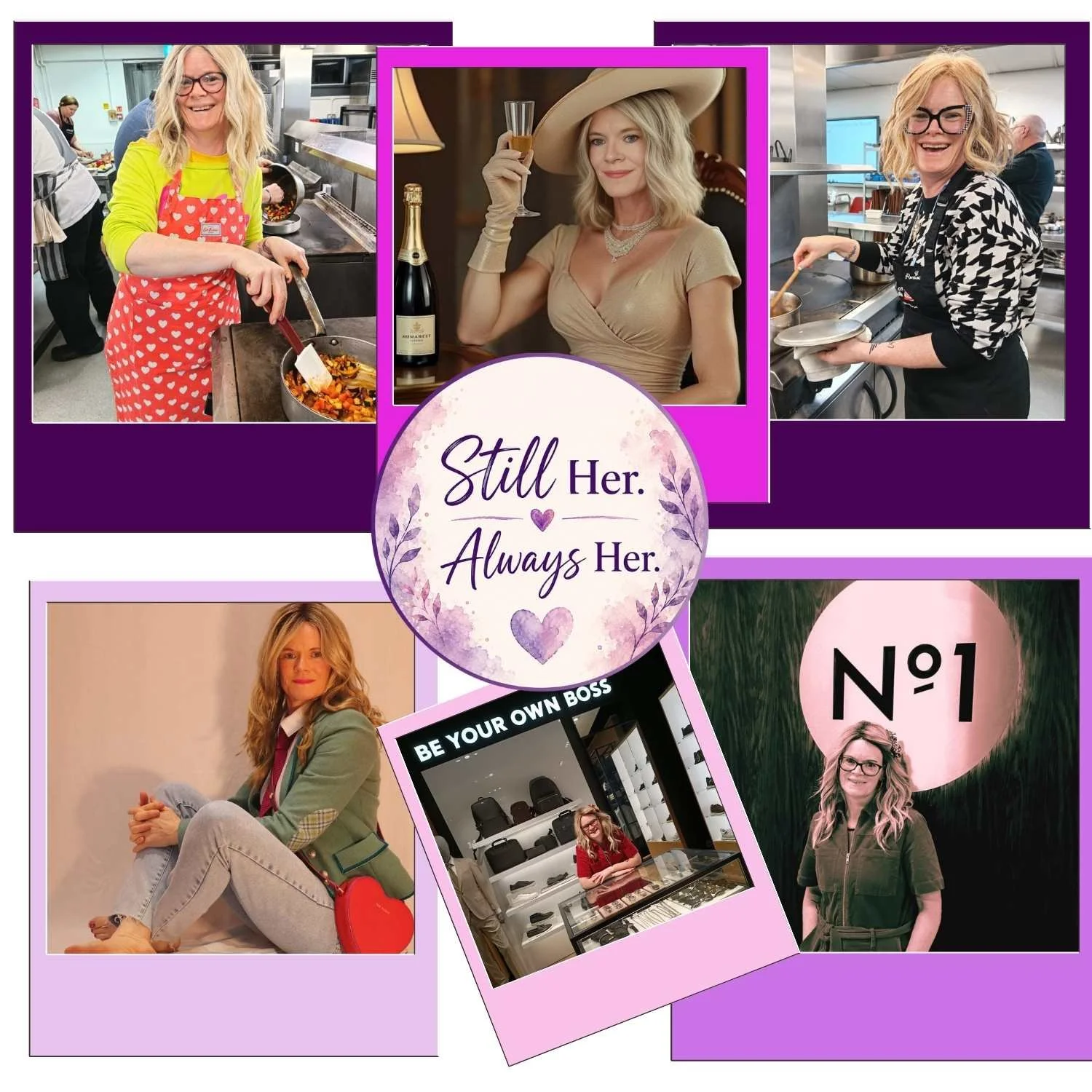 Photo collage of Helena showing confidence, identity and continuing to thrive through menopause and life changes.