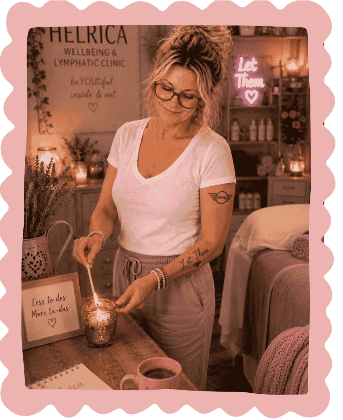 Helena with curly hair and glasses, wearing a white t-shirt and beige pants, lighting a candle at Helrica Massage Clinic with soft lighting, candles, and decorative signs that say 'Less to dos, More ta-das.'