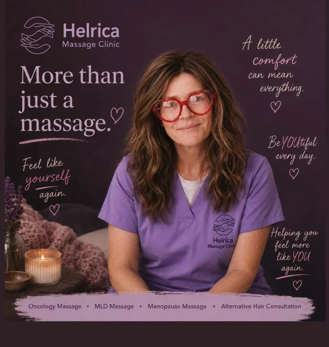 Helrica Massage Clinic owner Helena promoting supportive Oncology, Menopause, MLD Massage and Alternative Hair Consultations in Cambridgeshire