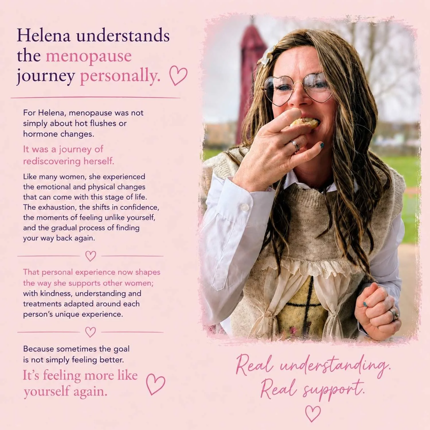 Helena from Helrica Massage Clinic sharing her personal menopause journey and understanding of the emotional and physical changes many women experience.