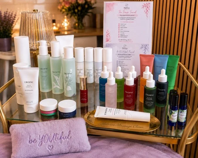 Selection of Tropic skincare products used during facial treatments at Helrica Massage Clinic in Littleport.