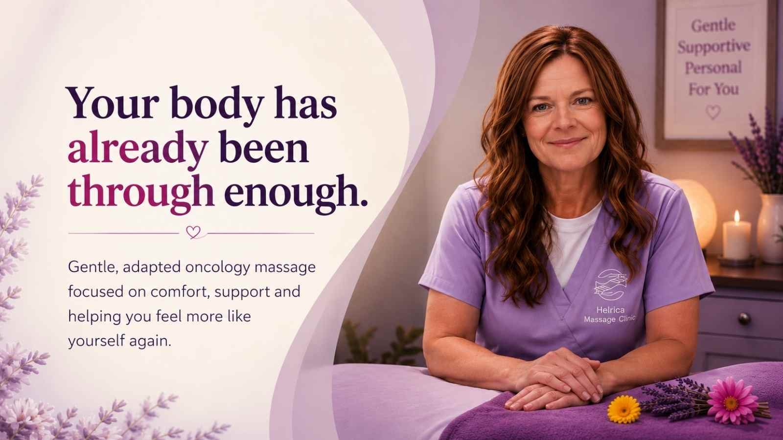 Gentle oncology massage treatment room at Helrica Massage Clinic in Cambridgeshire