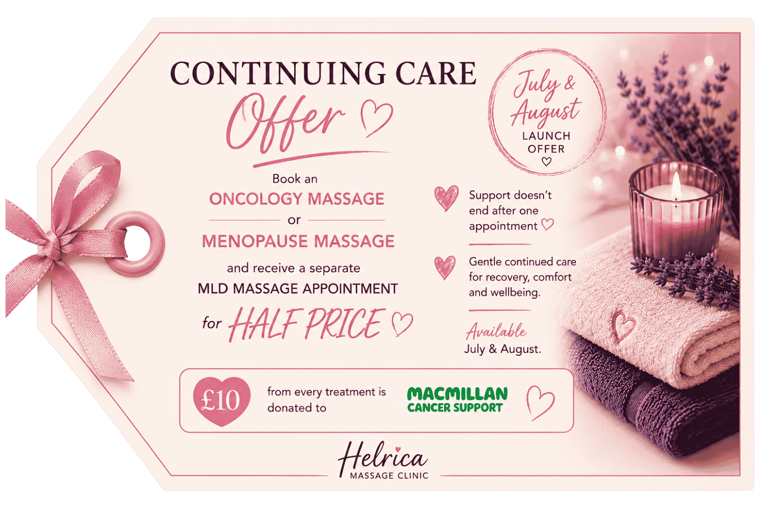 Continuing care offer at Helrica Massage Clinic combining Oncology Massage or Menopause Massage with a discounted Manual Lymphatic Drainage appointment.