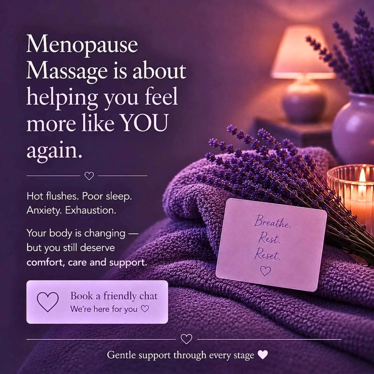 Menopause Massage at Helrica Massage Clinic providing comfort, relaxation and support to help women feel more like themselves again.