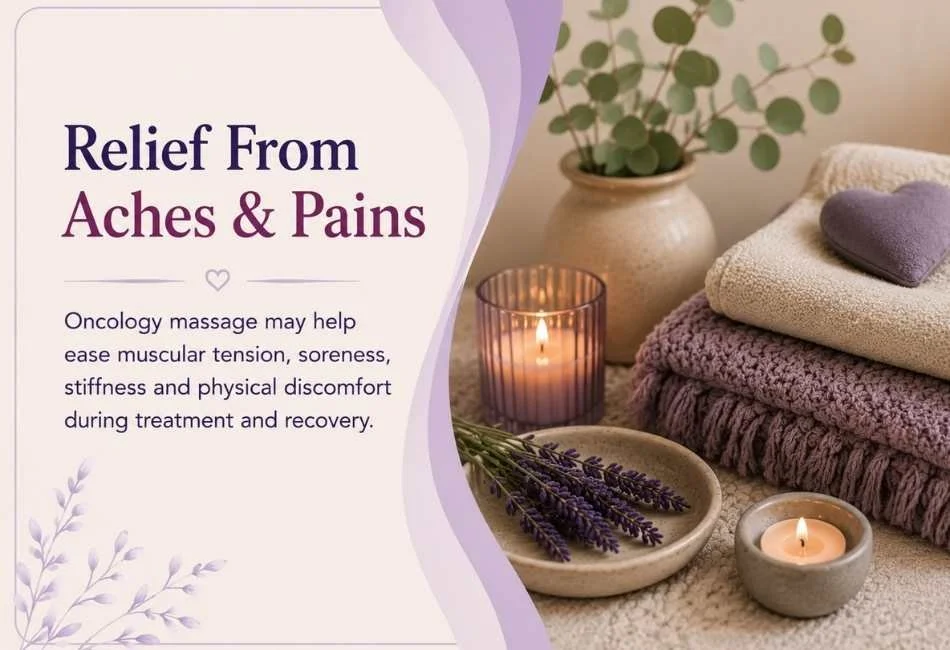 Oncology massage supporting relief from muscular tension, soreness and physical discomfort during treatment and recovery.