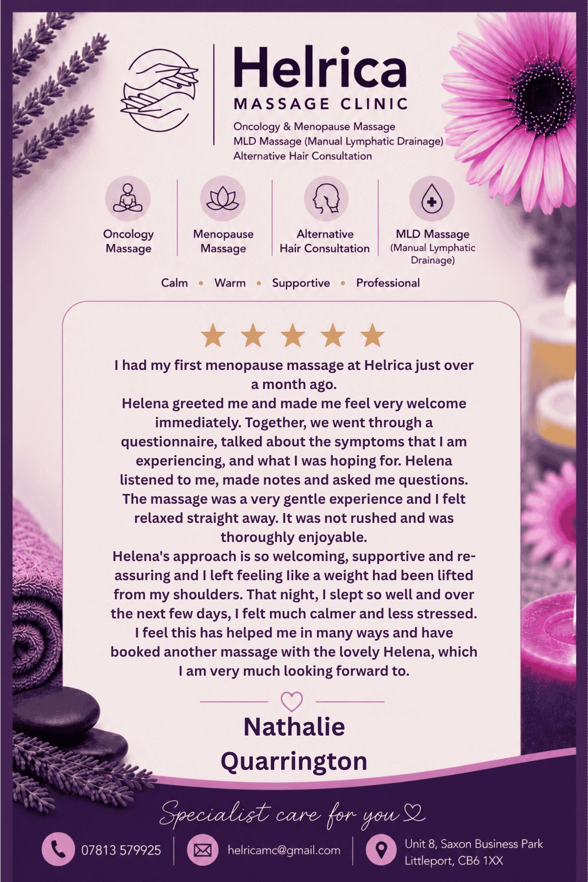 Five-star menopause massage review from a client of Helrica Massage Clinic in Littleport, Cambridgeshire.