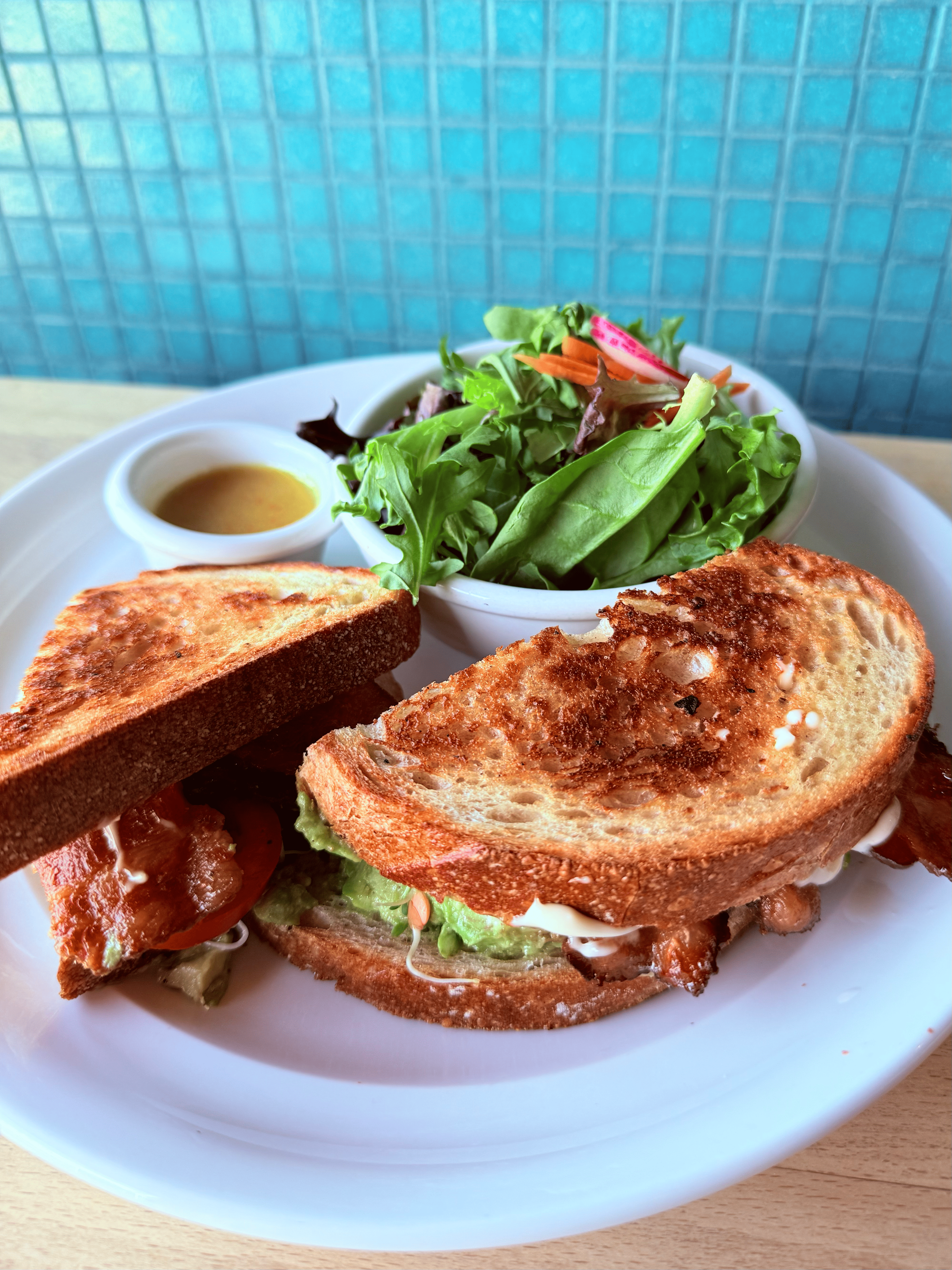 Coastal BLT
Smashed avocado, spouts, bacon, goat cheese, lettuce, tomato, rosemary aioli, pickled onions on grilled sourdough.