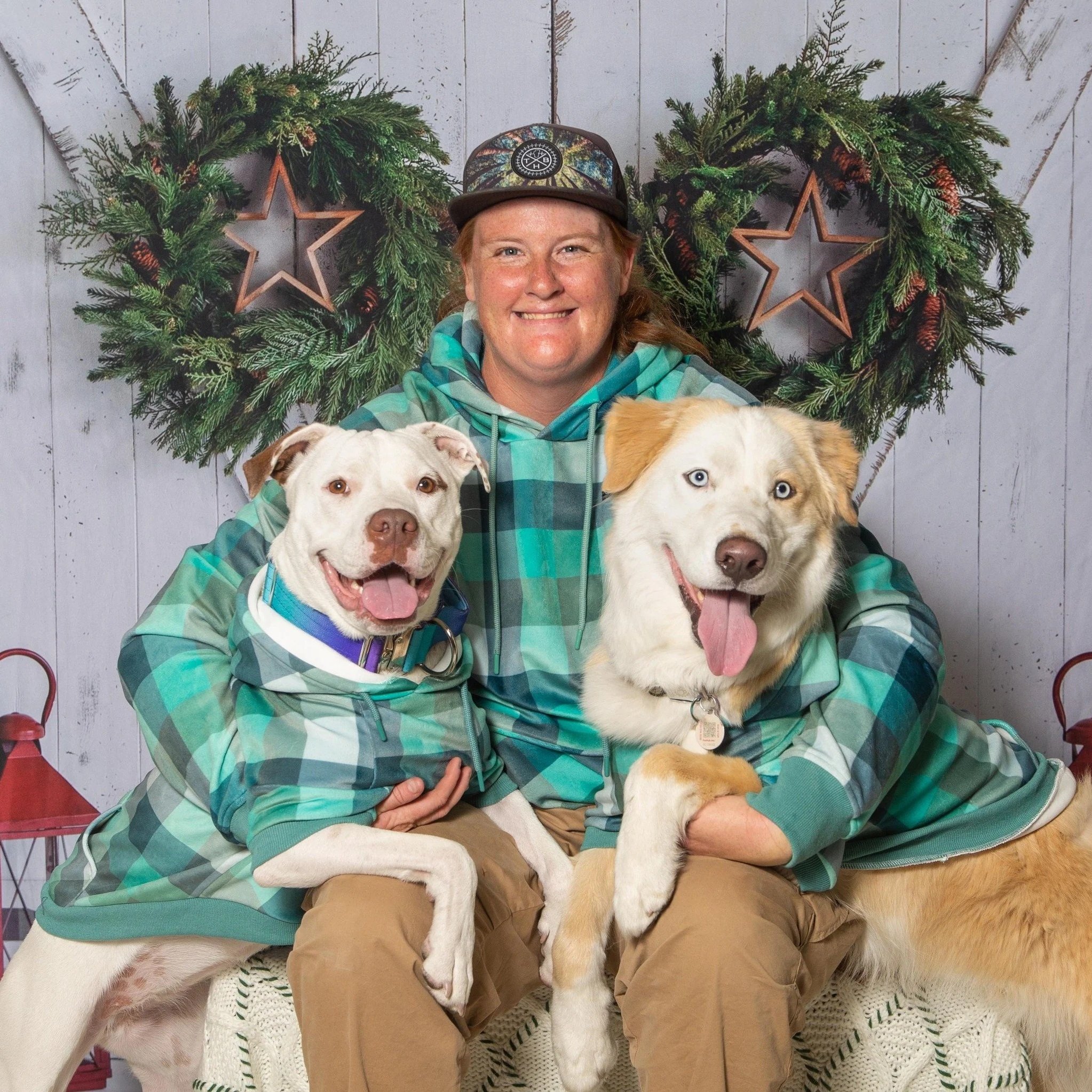 A person sitting on a white chair in front of a holiday-themed wreath with stars and pinecones, holding two dogs, one with white fur and brown spots and the other with cream fur and light blue eyes.