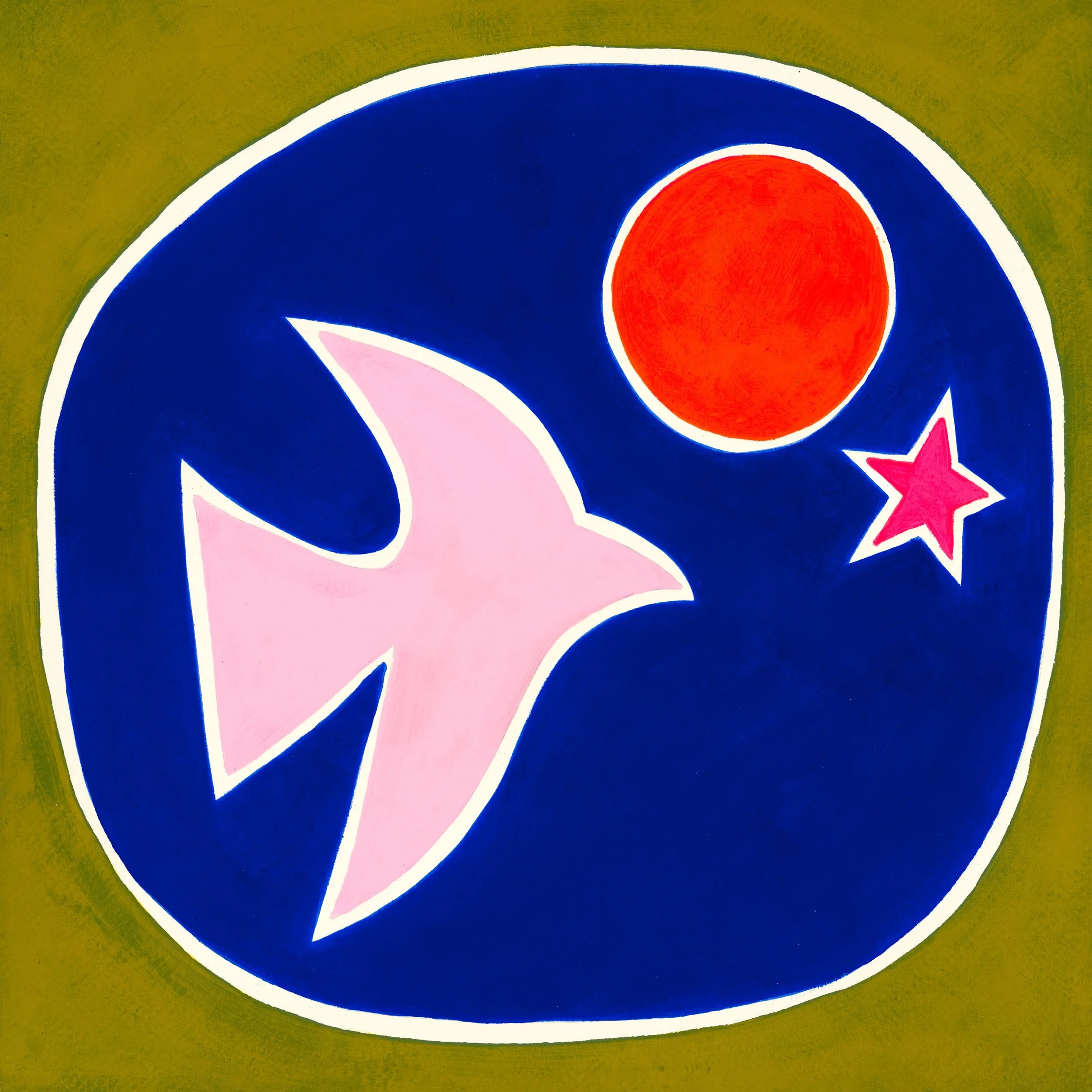 Close-up of an abstract colorful painting featuring a large red circle, blue shapes, pink streaks, and white outlines on a green background.