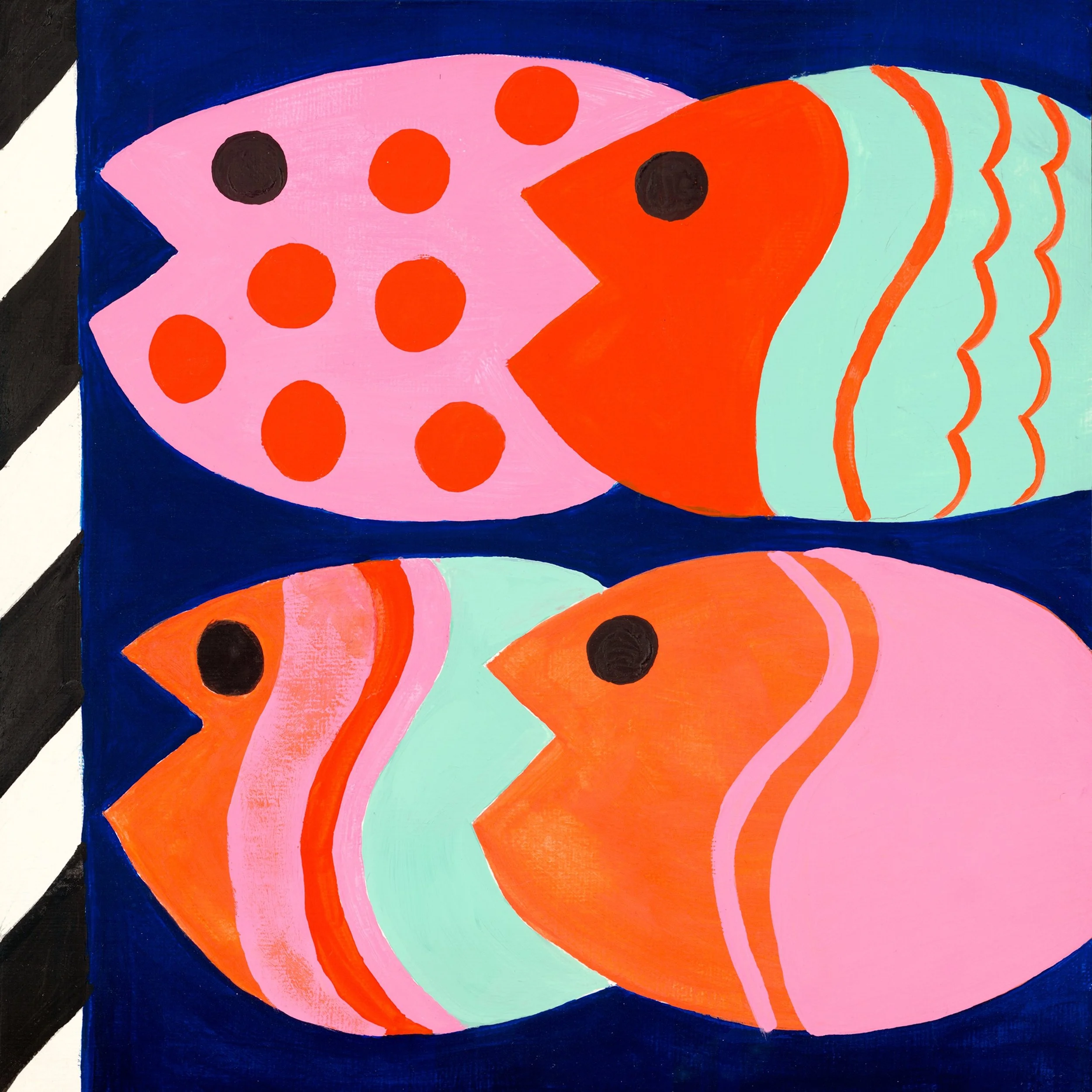 Colorful abstract painting of fish with various shapes and patterns in pink, orange, green, navy blue, black, and white.