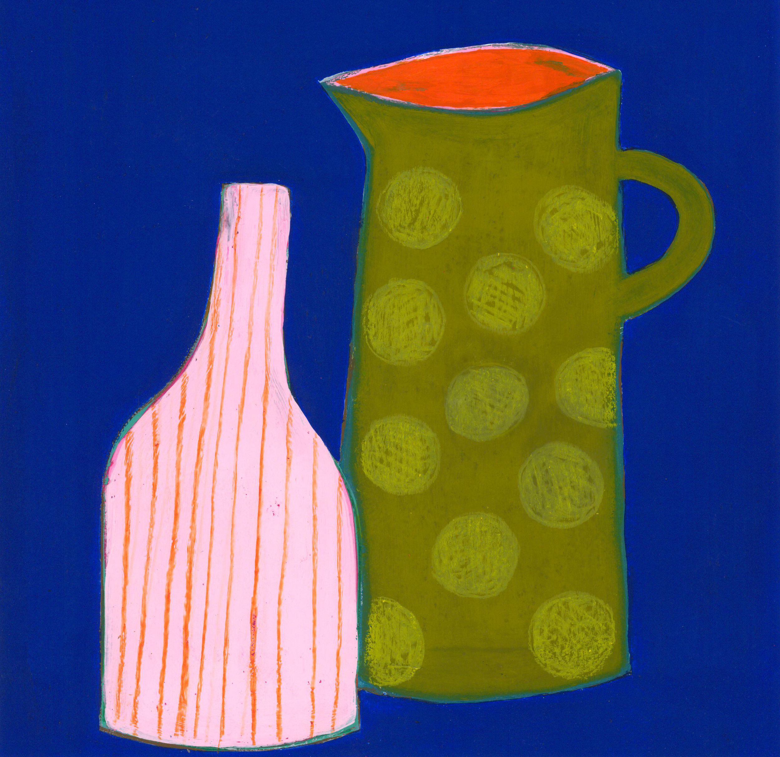 A colorful abstract painting of two objects on a blue background. One is a tall pink-striped cylinder and the other is a yellow-green mug with polka dots.