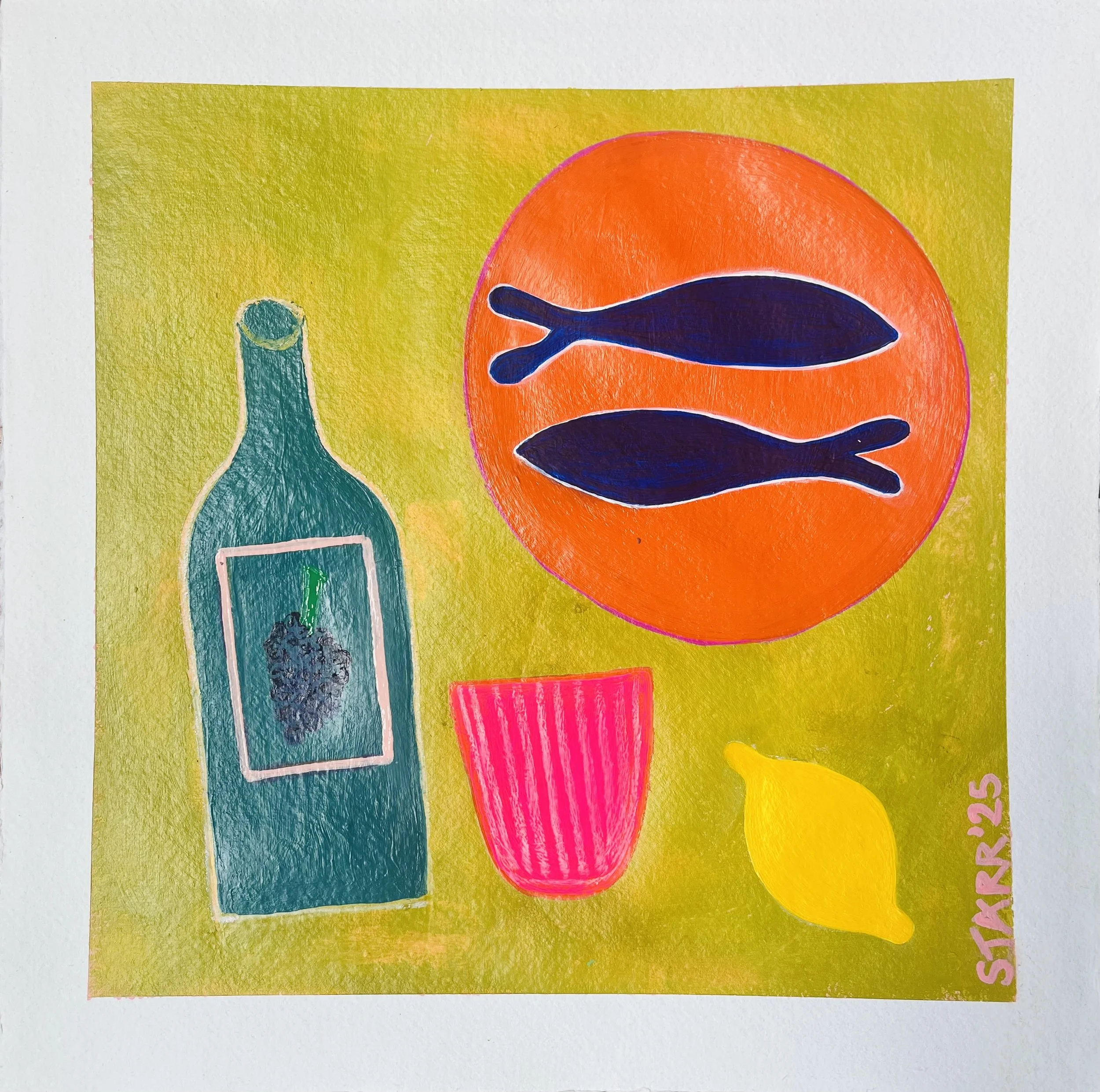 Colorful drawing of a blue bottle with what appears to be blackberries inside and a pink cup or container beneath it, against a yellow background with a large orange circle and black fish-like shapes.