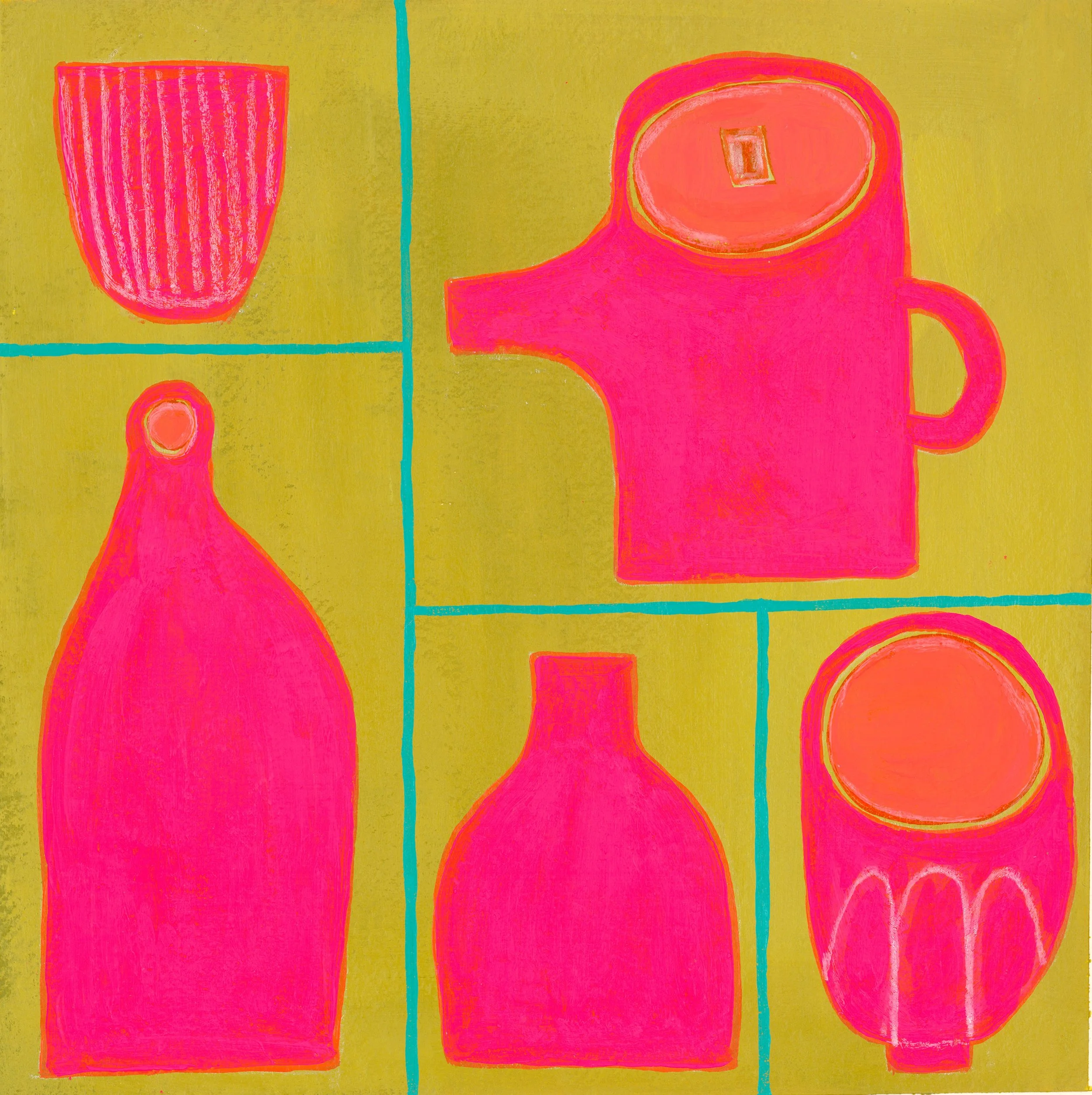 Abstract artwork with pink and red outlined shapes on a yellow-green background, divided by teal lines, resembling a cup, a rectangle, a circle, and other forms.