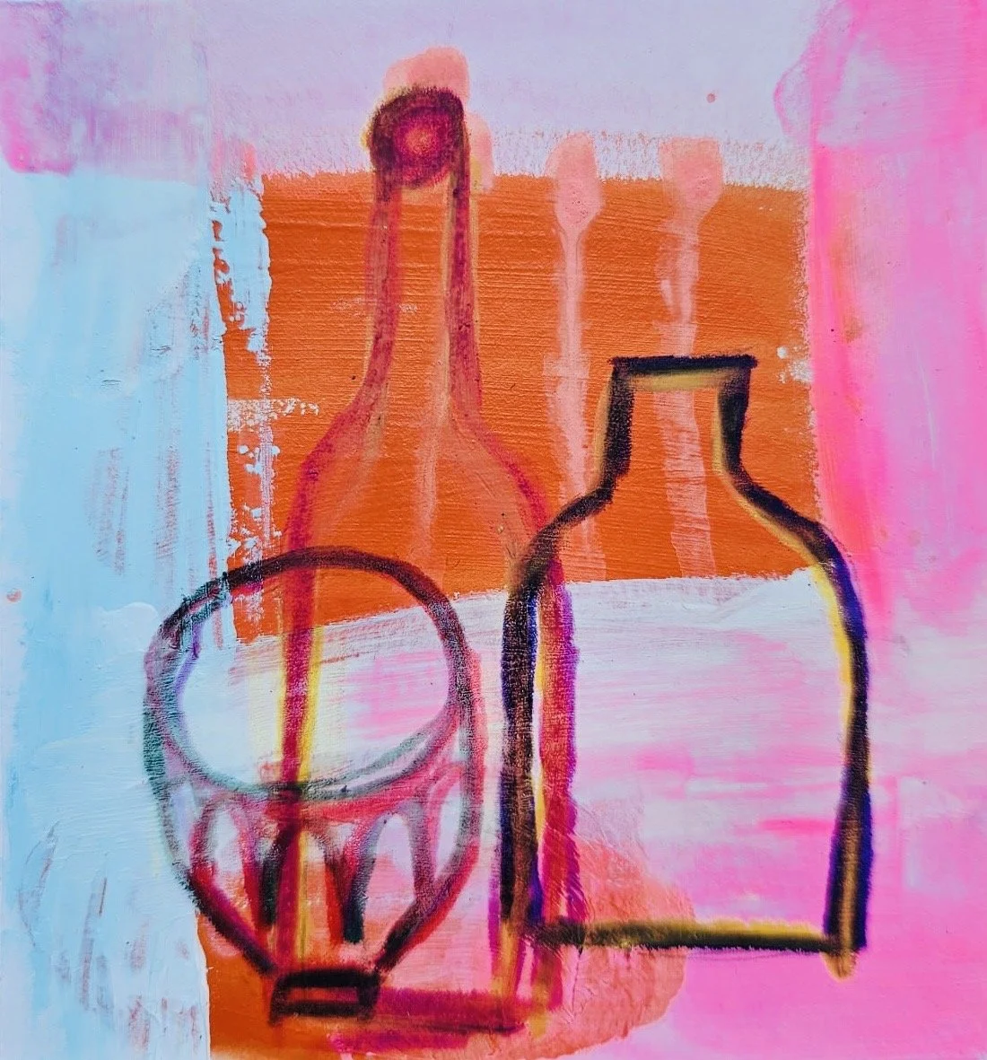 Abstract painting of two bottles and a glass with colorful brushstrokes and background blending pink, orange, and blue hues.