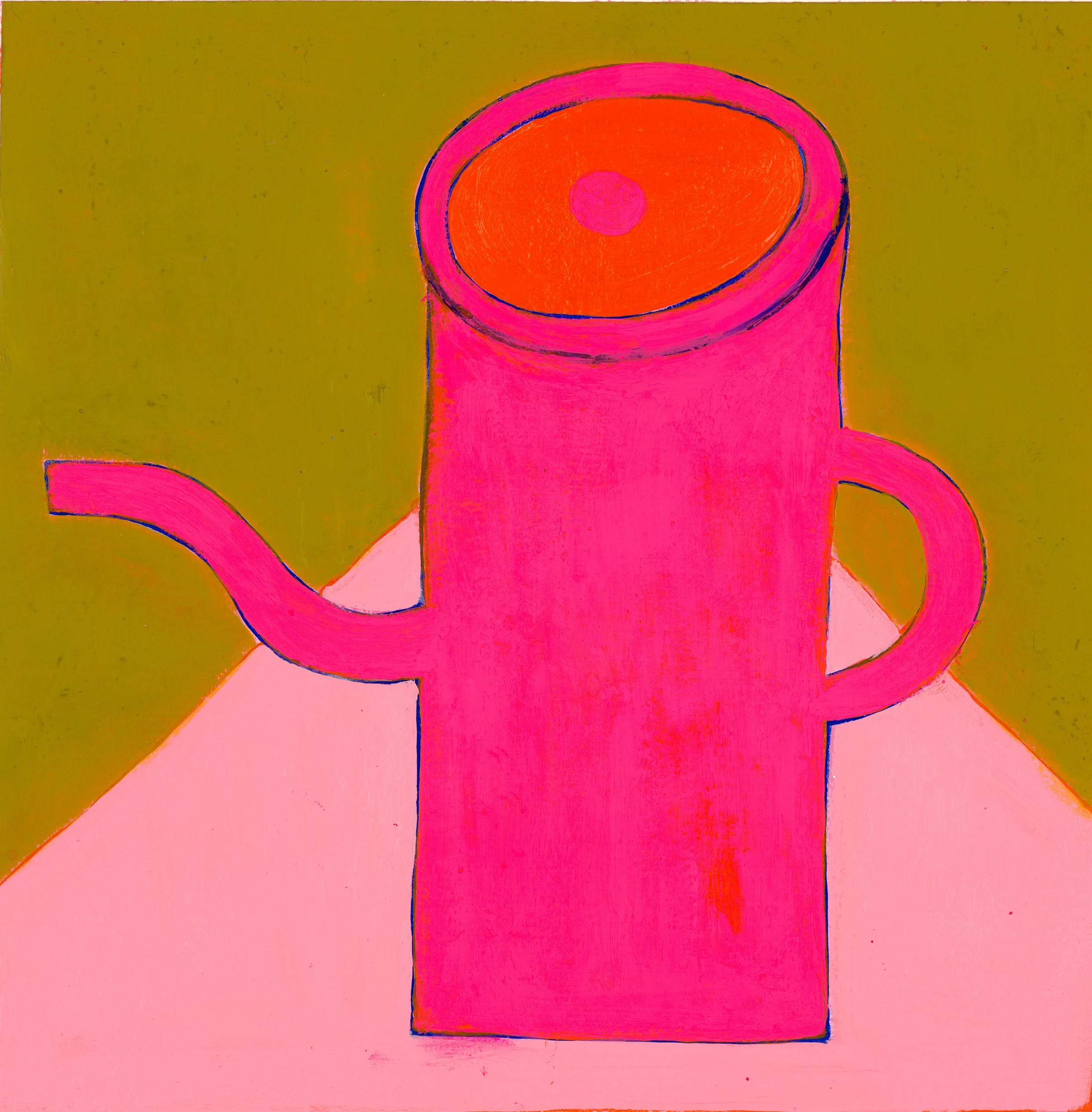 A colorful abstract painting featuring a pink mug with an orange interior and a pink handle, set against a yellow background.