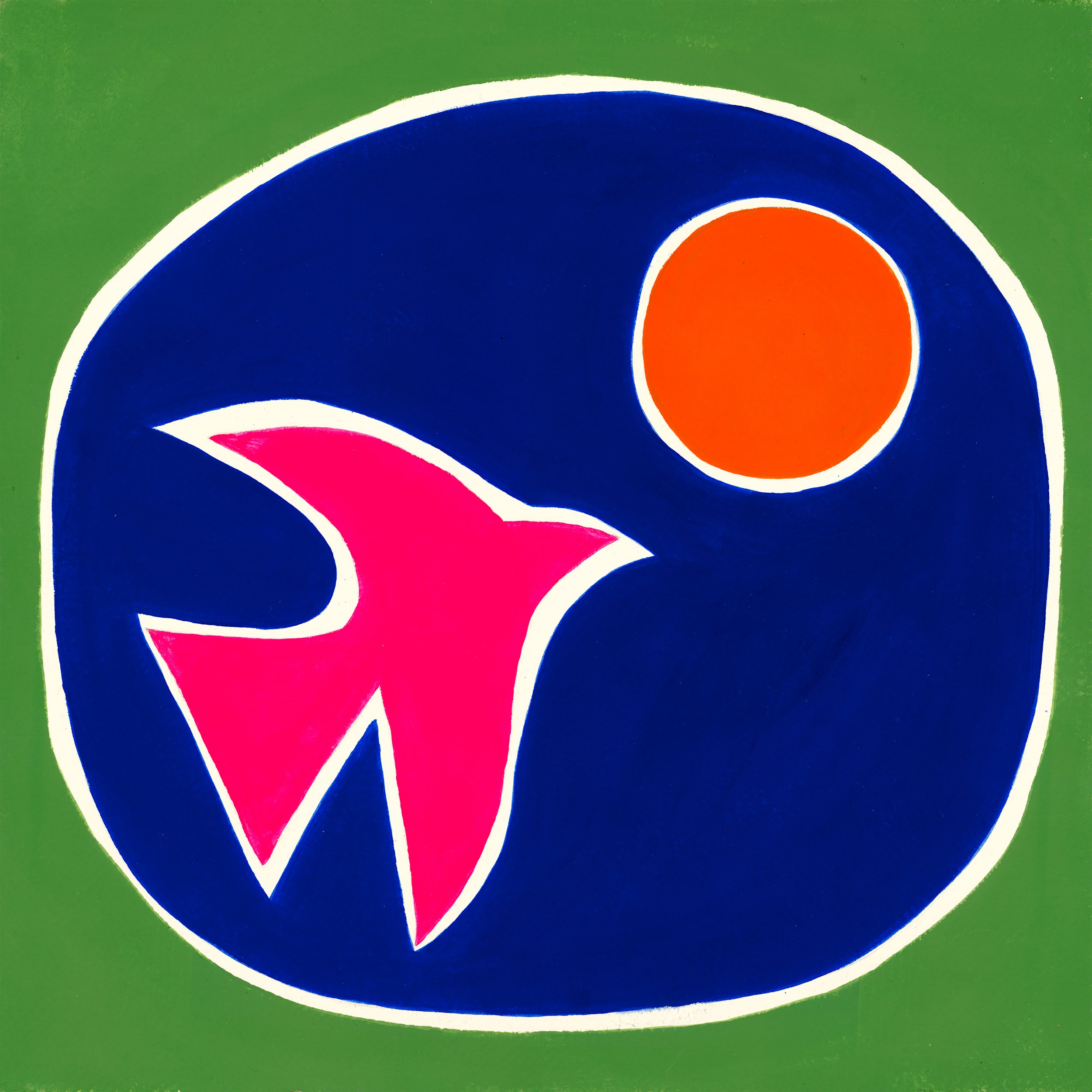 Close-up image of an abstract colorful design featuring curved shapes and bold colors including green, blue, red, pink, and white.