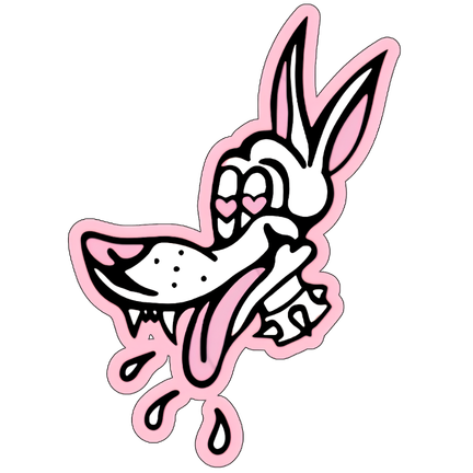 Cartoon dog head with heart-shaped eyes, tongue sticking out, and a wide smile, outlined in pink.