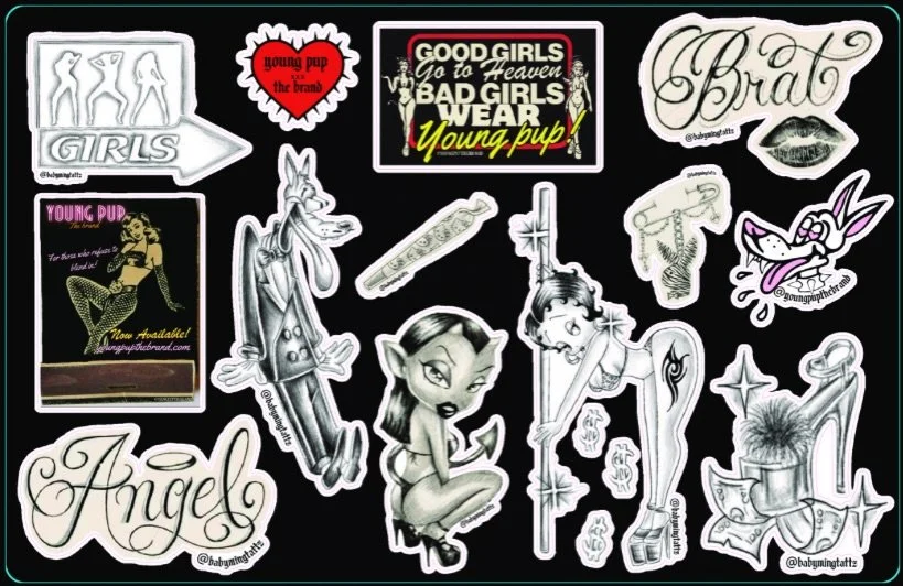 The first 50 orders will receive this c**ty sticker sheet collab I  did with the talented tattoo artist and professional cutie  @babymingtattz !! 💋

www.youngpupthebrand.com drops 7pm MONDAY !! 🍾🪩✨💖