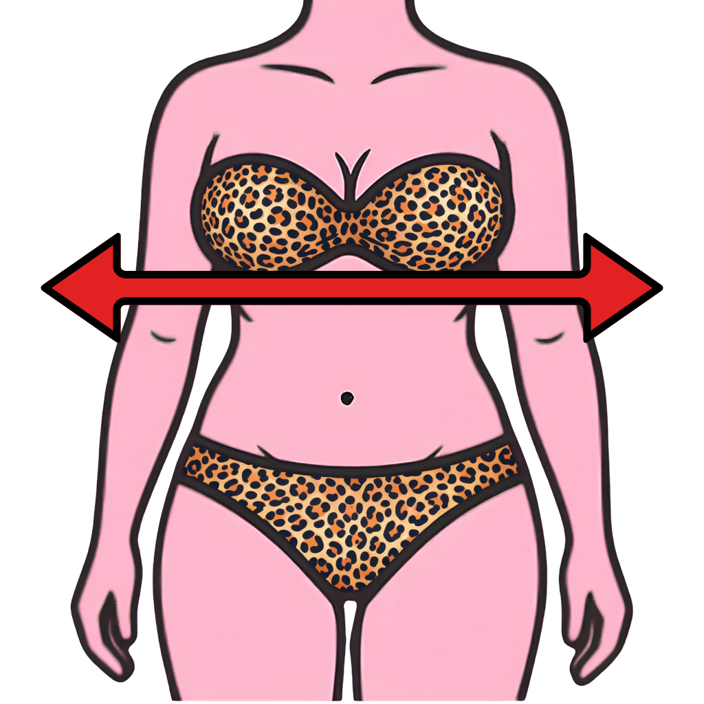 A cartoon illustration of a woman wearing leopard print bra and underwear, with a red measuring tape around her underbust.