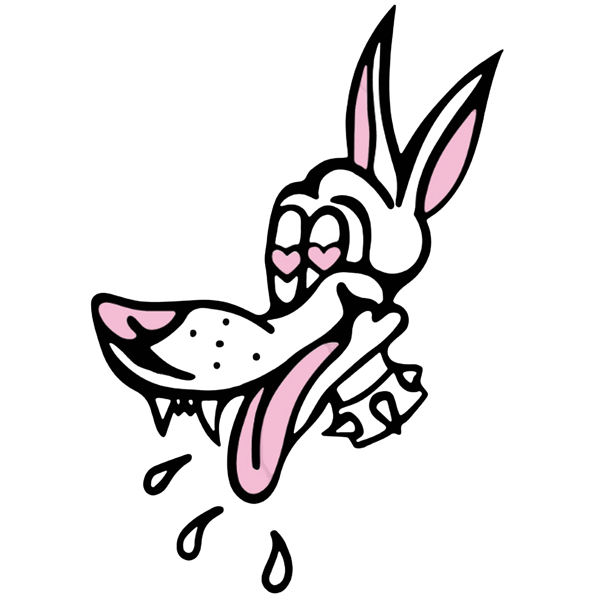 Young Pup logo: a cartoon white dog with it's pink tongue out. The dog has pink heart-shaped eyes and is wearing a spiked collar.