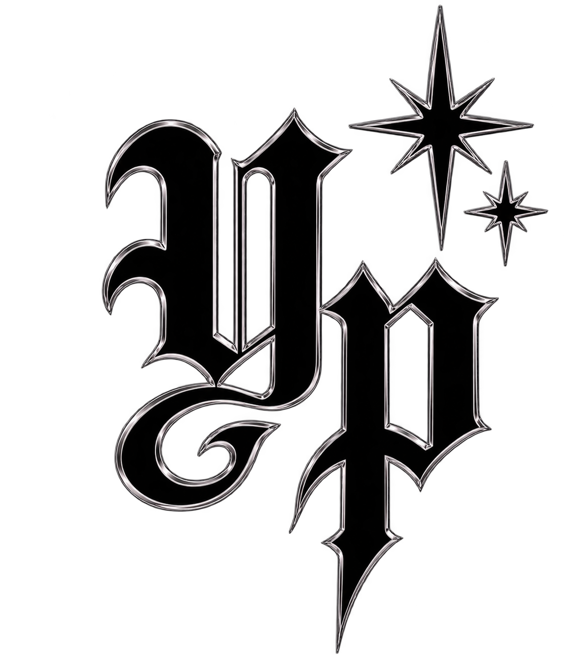Stylized metallic angel and star graphic with the letters 'YP' in gothic font.