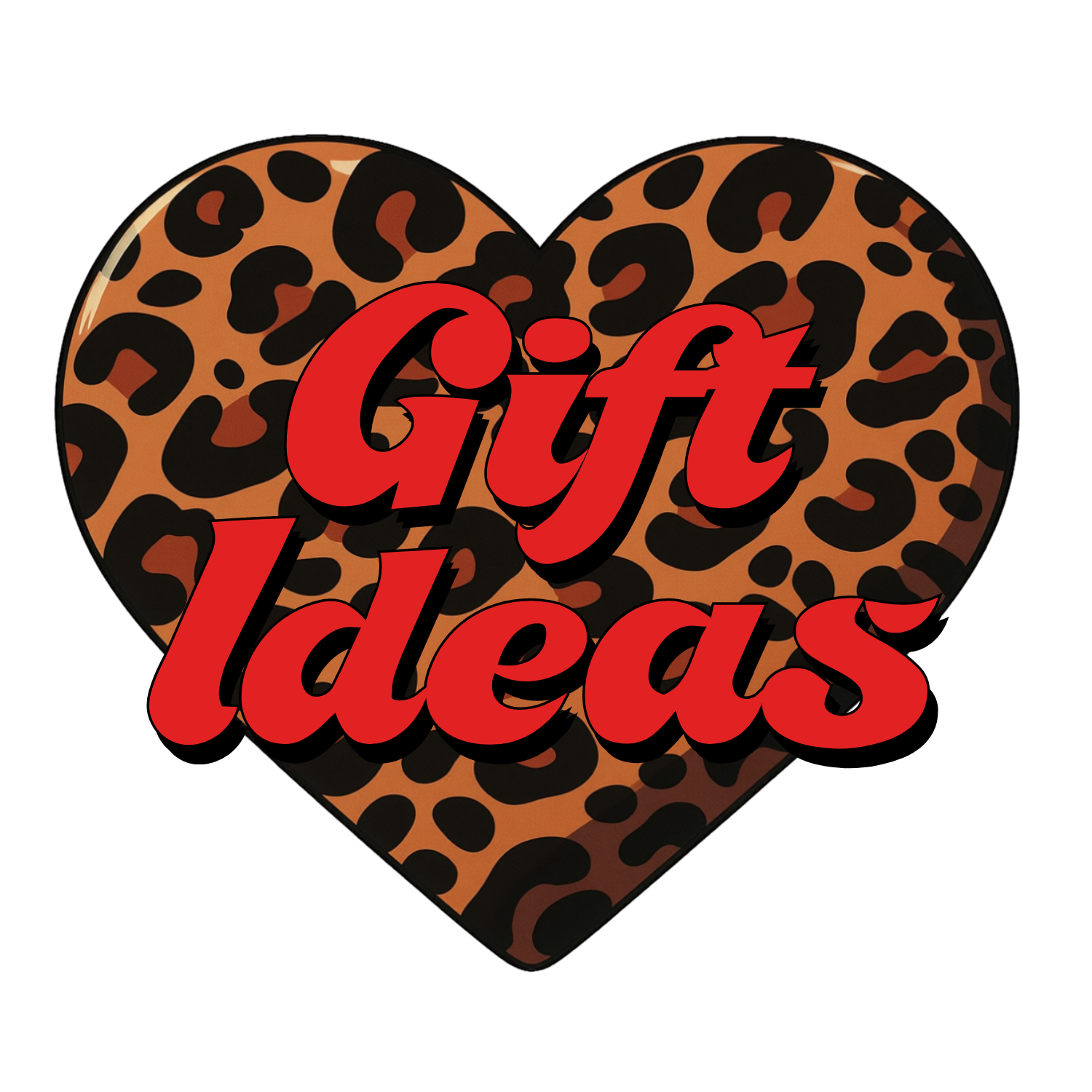 A heart-shaped box with a leopard print pattern, with bold red text over it that says 'Gift Ideas'.