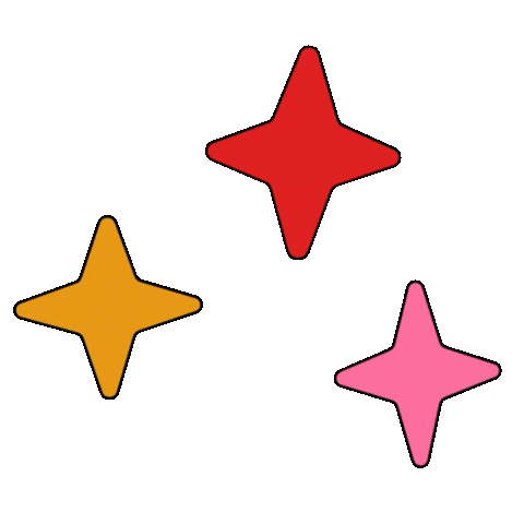 Three colorful star-shaped badges in yellow, red, and pink on a brown background.