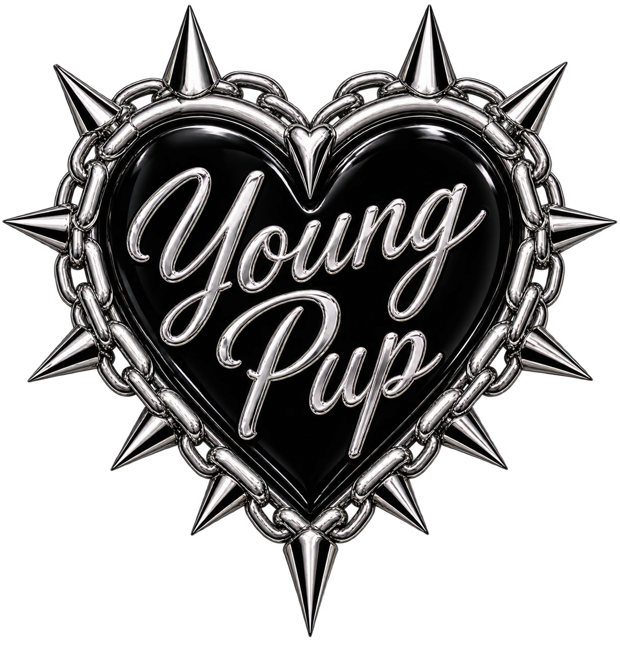 A metallic heart with chains and spikes around the border, with the words 'Young P*mp' written in cursive inside.