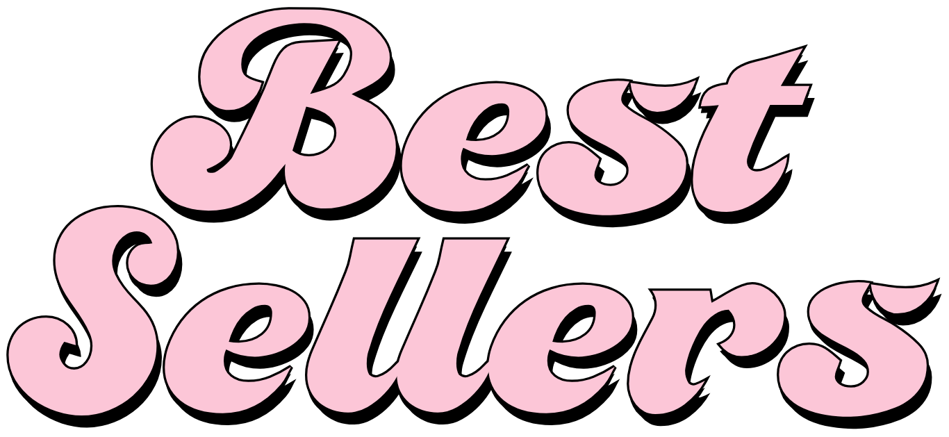 Pink script lettering reading “Best Sellers” on a black background